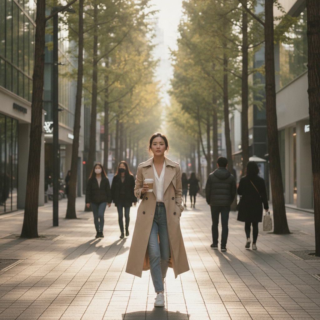 Woman in a beige trench coat walking a tree-lined Apgujeong street in Seoul during recovery.