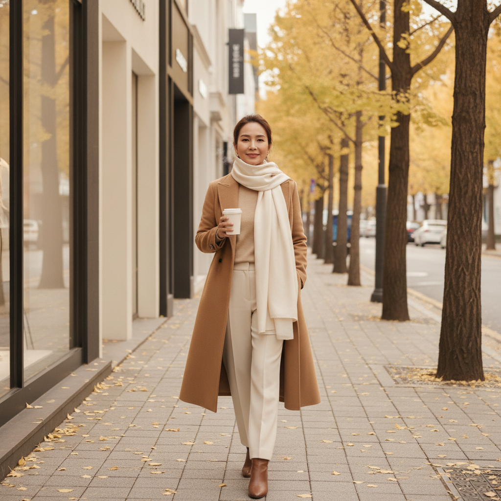 Woman walking a Cheongdam side street on facelift recovery week four wearing a silk scarf and holding coffee