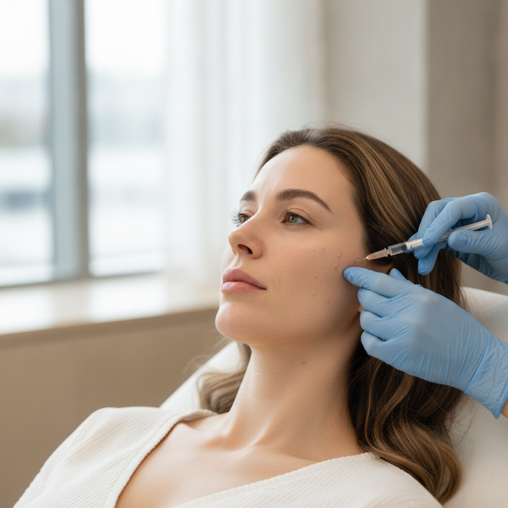 Close-up of a Caucasian woman receiving skin booster microinjections on her cheek at a Seoul clinic.