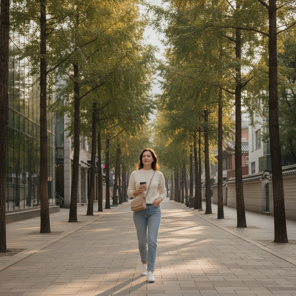 A patient walking a quiet Apgujeong street in Seoul in late afternoon light after a Rejuran treatment