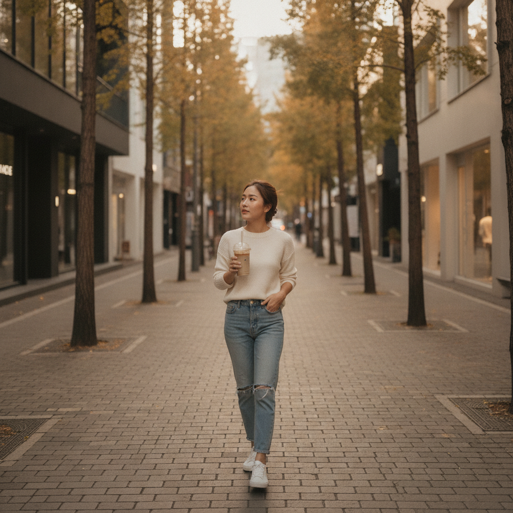 A Thai woman walks a quiet Apgujeong street after a skin booster session in Seoul.