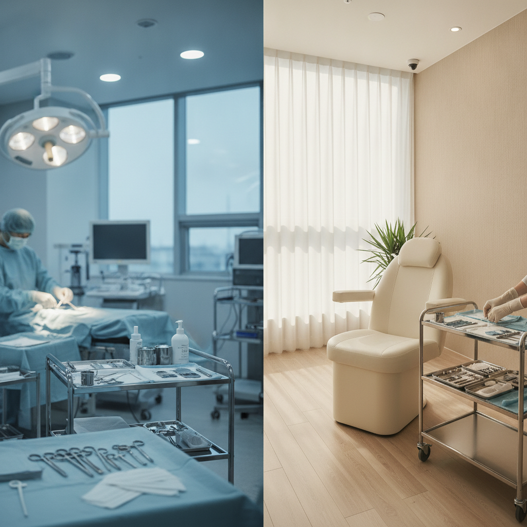 Split scene of a Gangnam operating suite and a minimalist Apgujeong consultation room with thread-lift instruments