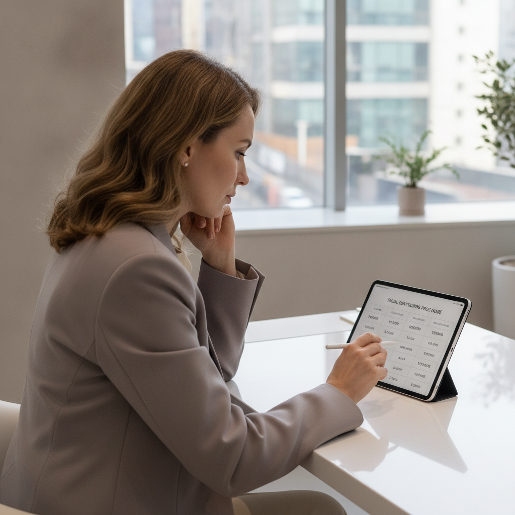 A patient reviewing a facial contouring price menu on a tablet at a Seoul plastic surgery consultation desk