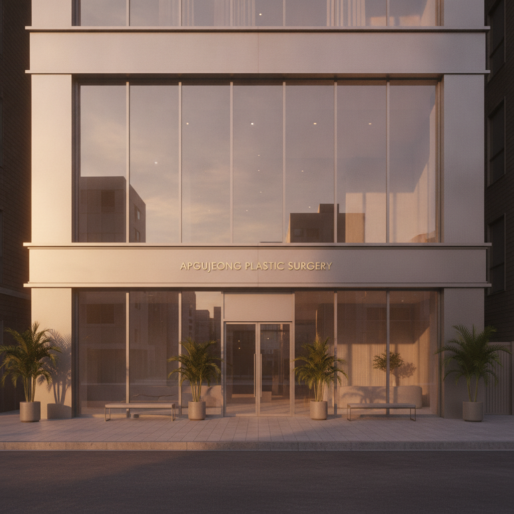 Glass-fronted plastic surgery clinic exterior in Apgujeong Rodeo, Seoul at golden hour