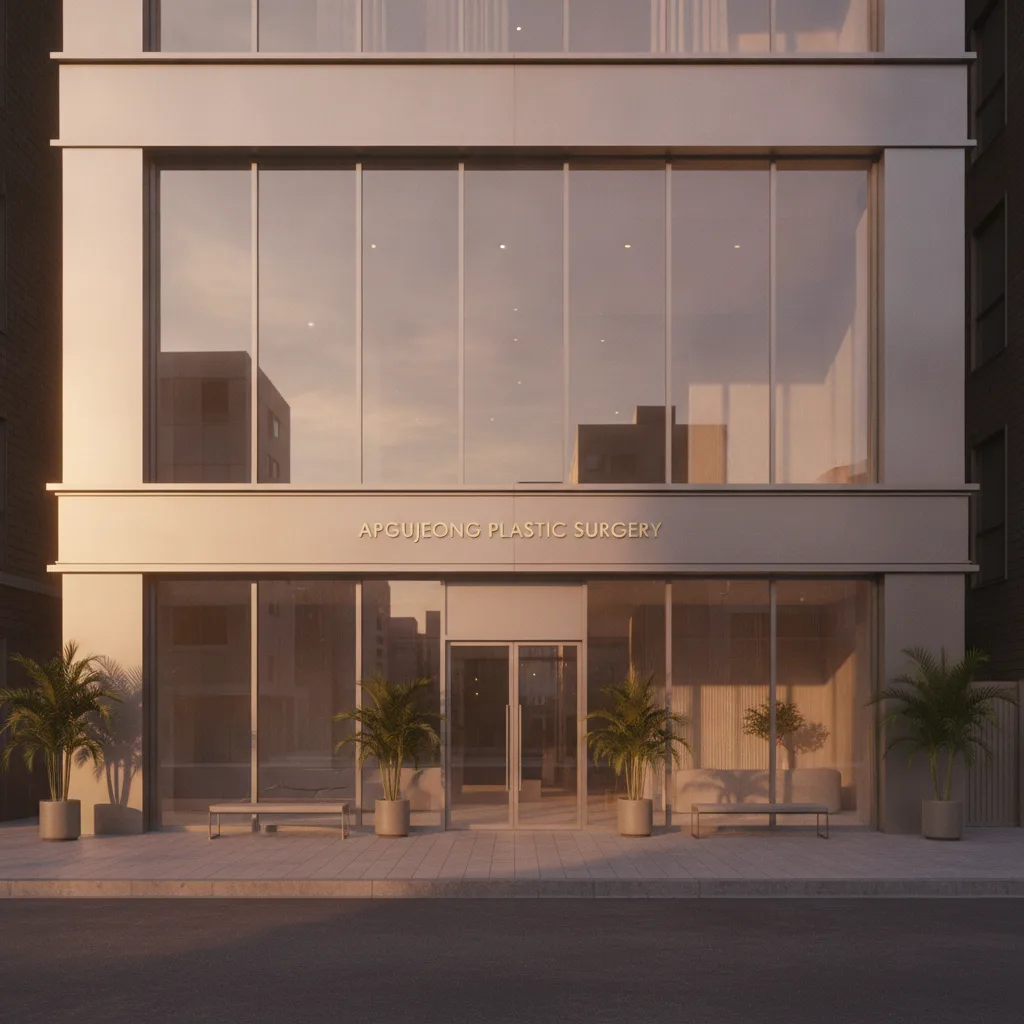 Glass-fronted plastic surgery clinic exterior in Apgujeong Rodeo, Seoul at golden hour