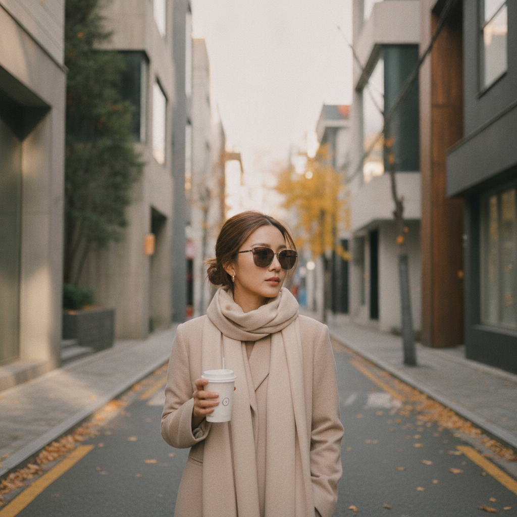 Post-rhinoplasty patient walking a Cheongdam street in Seoul three months after surgery, subtle refined nasal contour