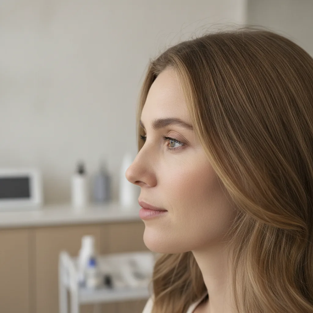 Profile view of a Caucasian woman during a Seoul rhinoplasty consultation showing lateral nose anatomy