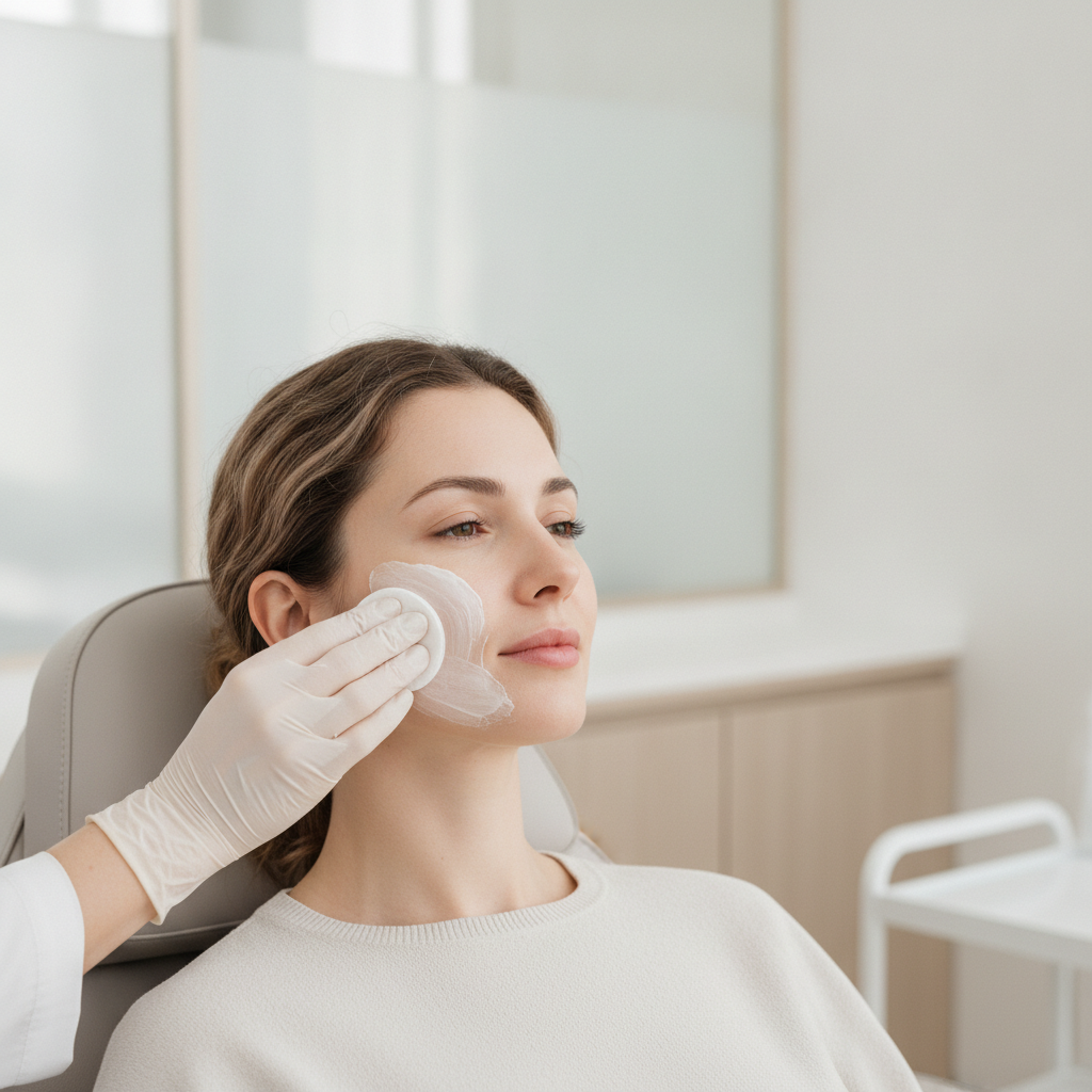 Caucasian woman in her early thirties receiving numbing cream on her cheek before an RF microneedling session in an Apgujeong clinic