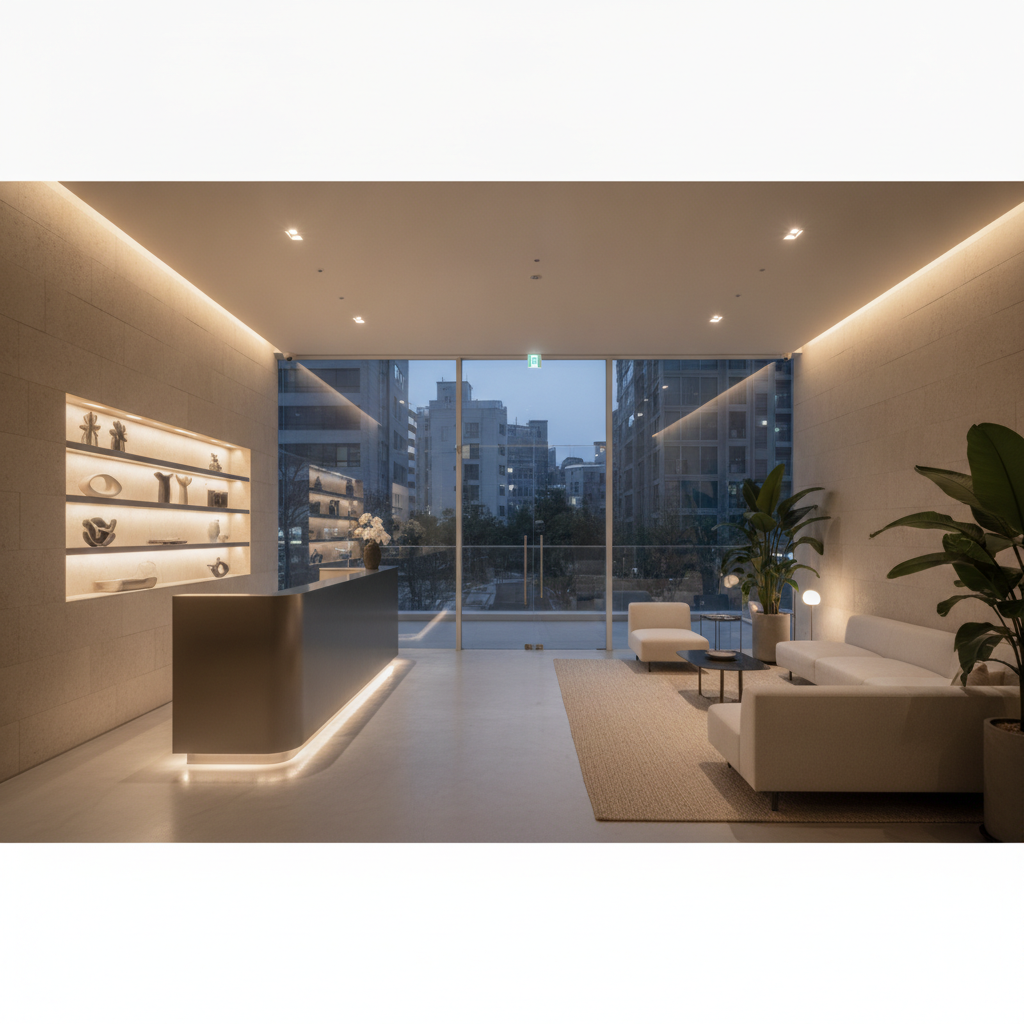 A modern Gangnam plastic surgery clinic reception at dusk with warm lighting and a minimalist stone interior