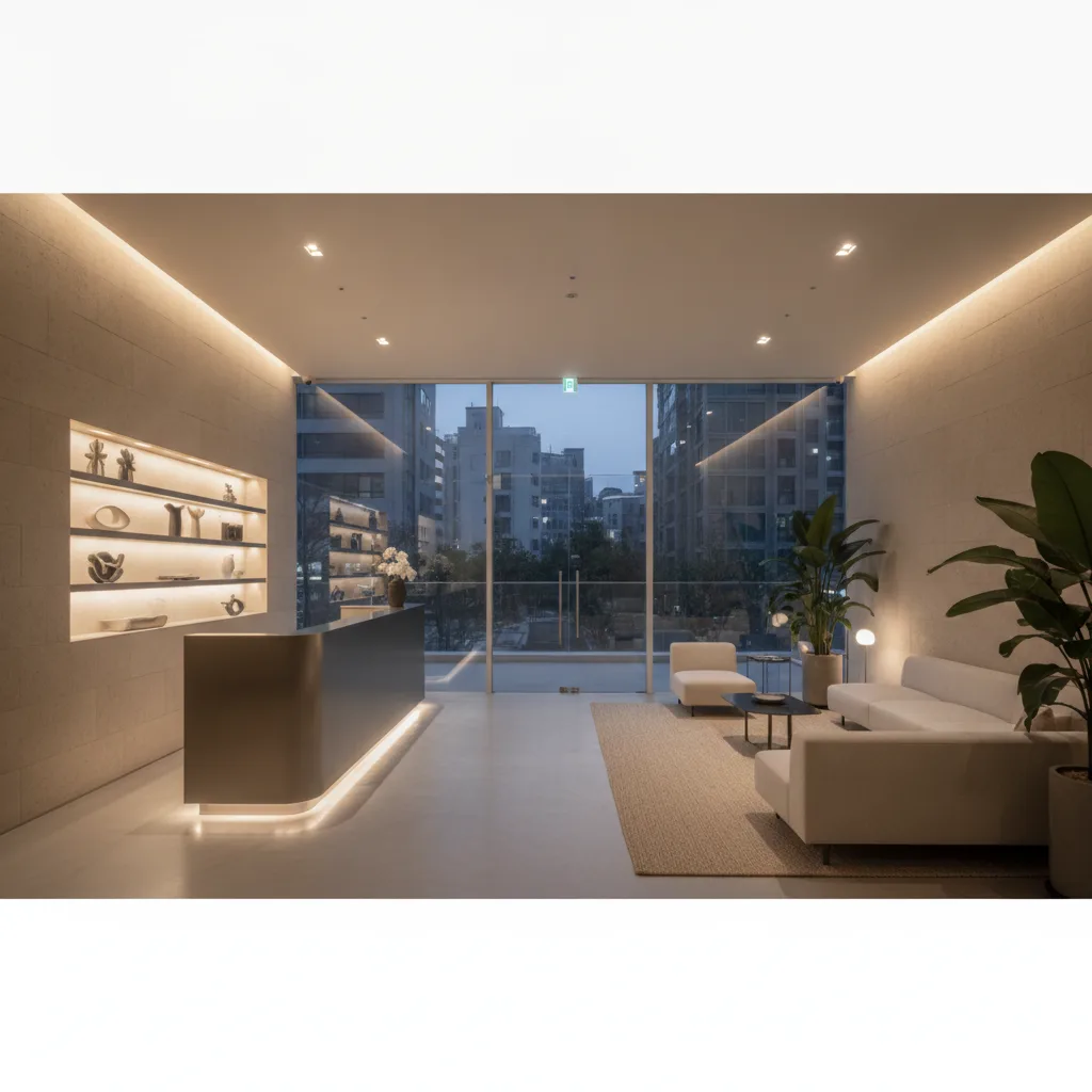 A modern Gangnam plastic surgery clinic reception at dusk with warm lighting and a minimalist stone interior