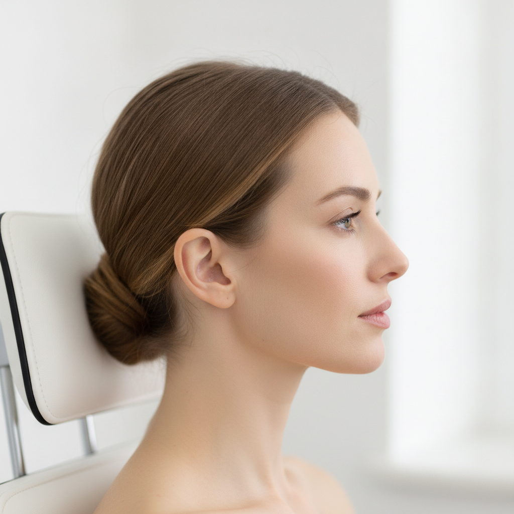Profile side view showing chin and jawline of a Caucasian woman in a Seoul aesthetic consultation room.