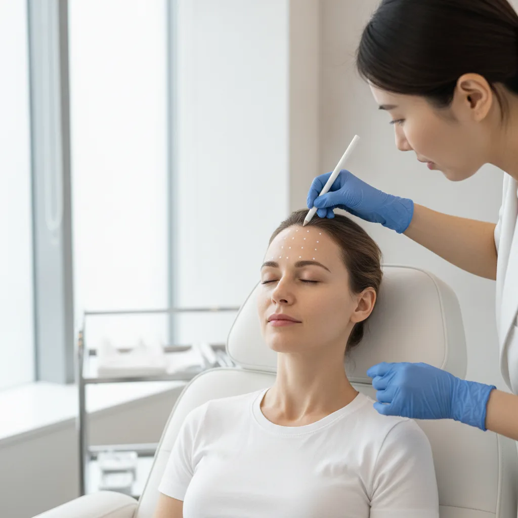 Doctor marking Botox injection points on a Caucasian woman's forehead during consultation at a Seoul aesthetic clinic