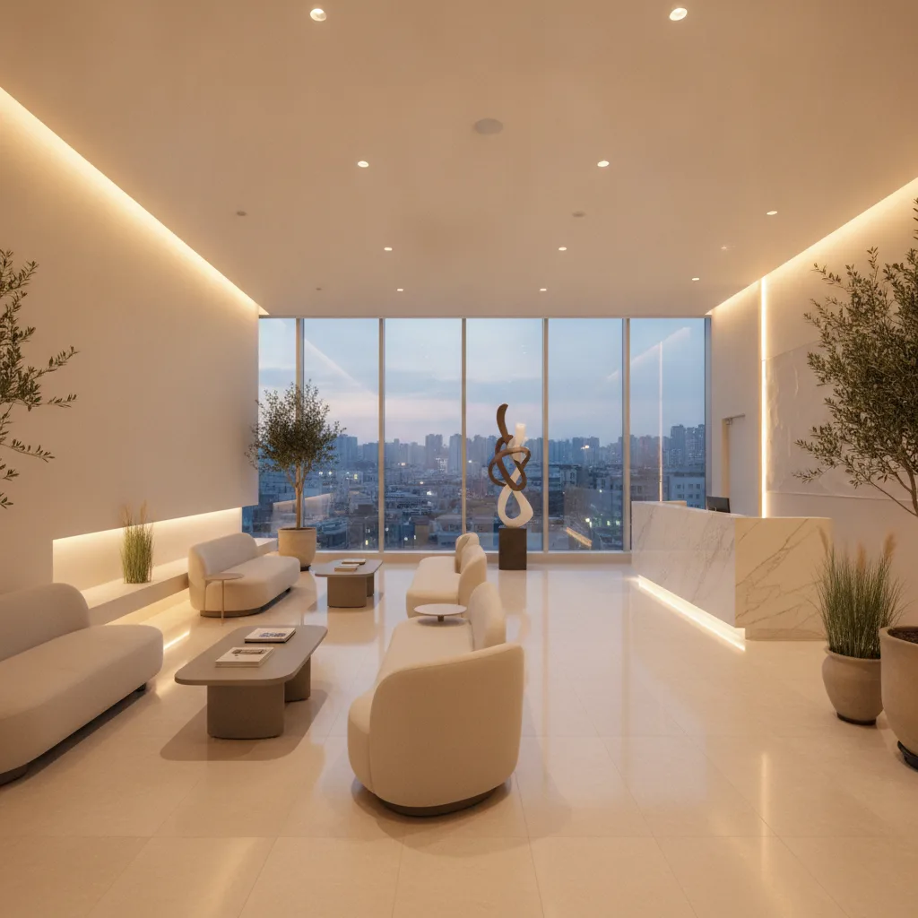 Modern plastic surgery clinic lobby in Gangnam, Seoul at dusk