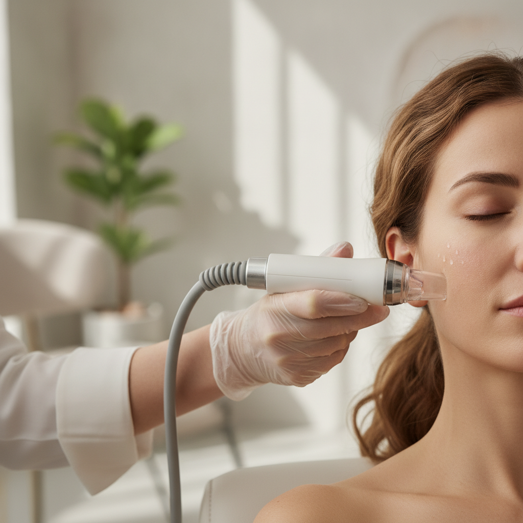 Close-up of a Hydrafacial-style vortex handpiece being guided across a woman's cheek in a Seoul aesthetic clinic