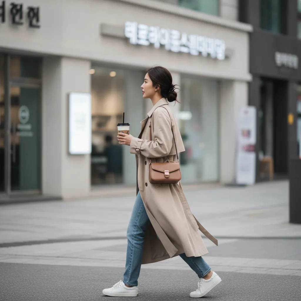 Woman walking down an Apgujeong street after a rhinoplasty consultation in Seoul