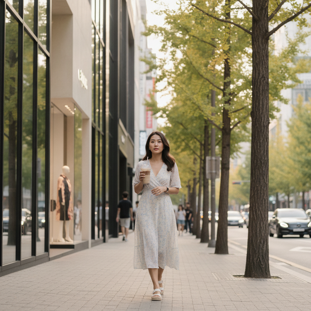 Southeast Asian woman walking along a tree-lined street in Apgujeong, Seoul, holding an iced coffee after a clinic visit