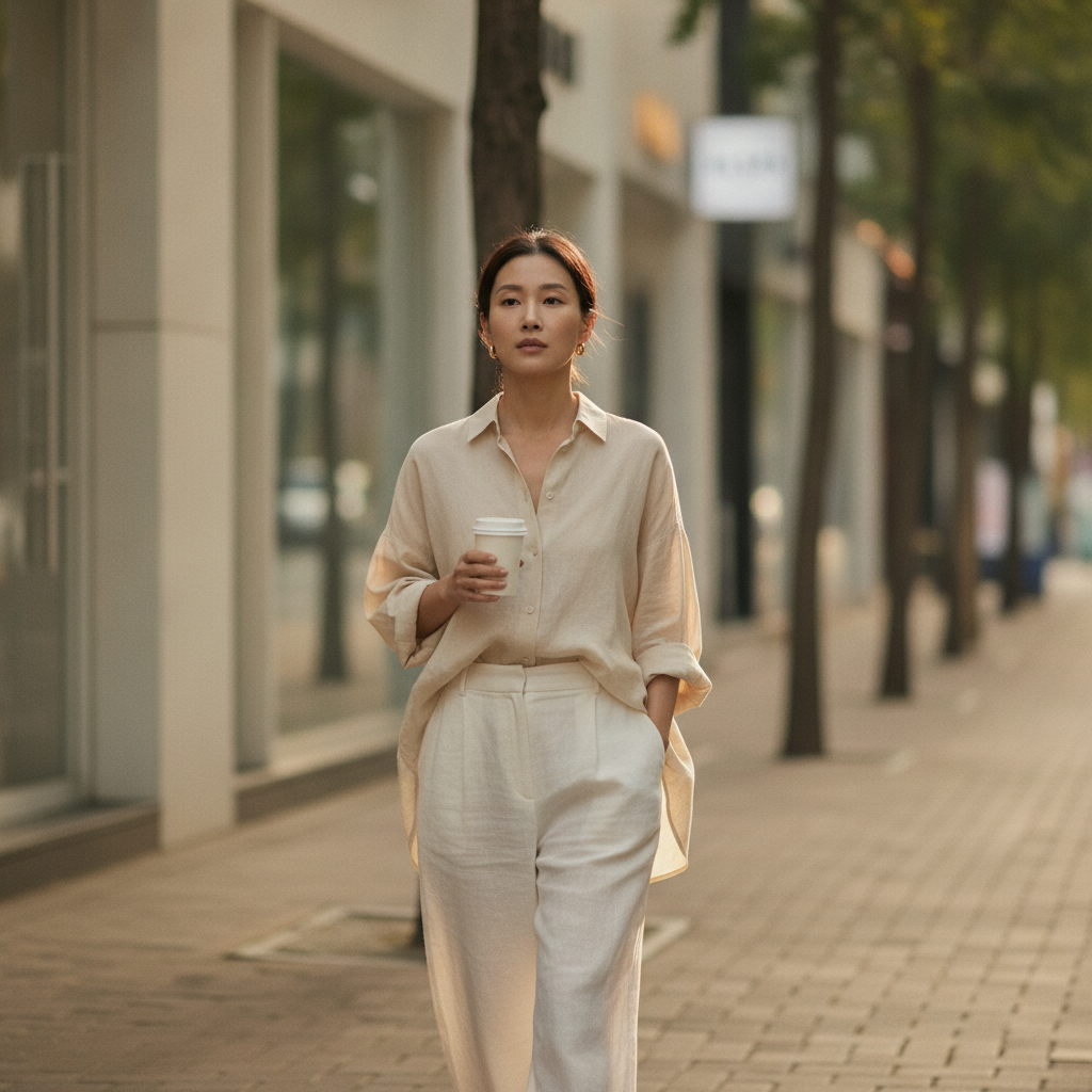 Woman walking in Apgujeong Seoul at golden hour six weeks after liposuction, contour visible under linen clothing