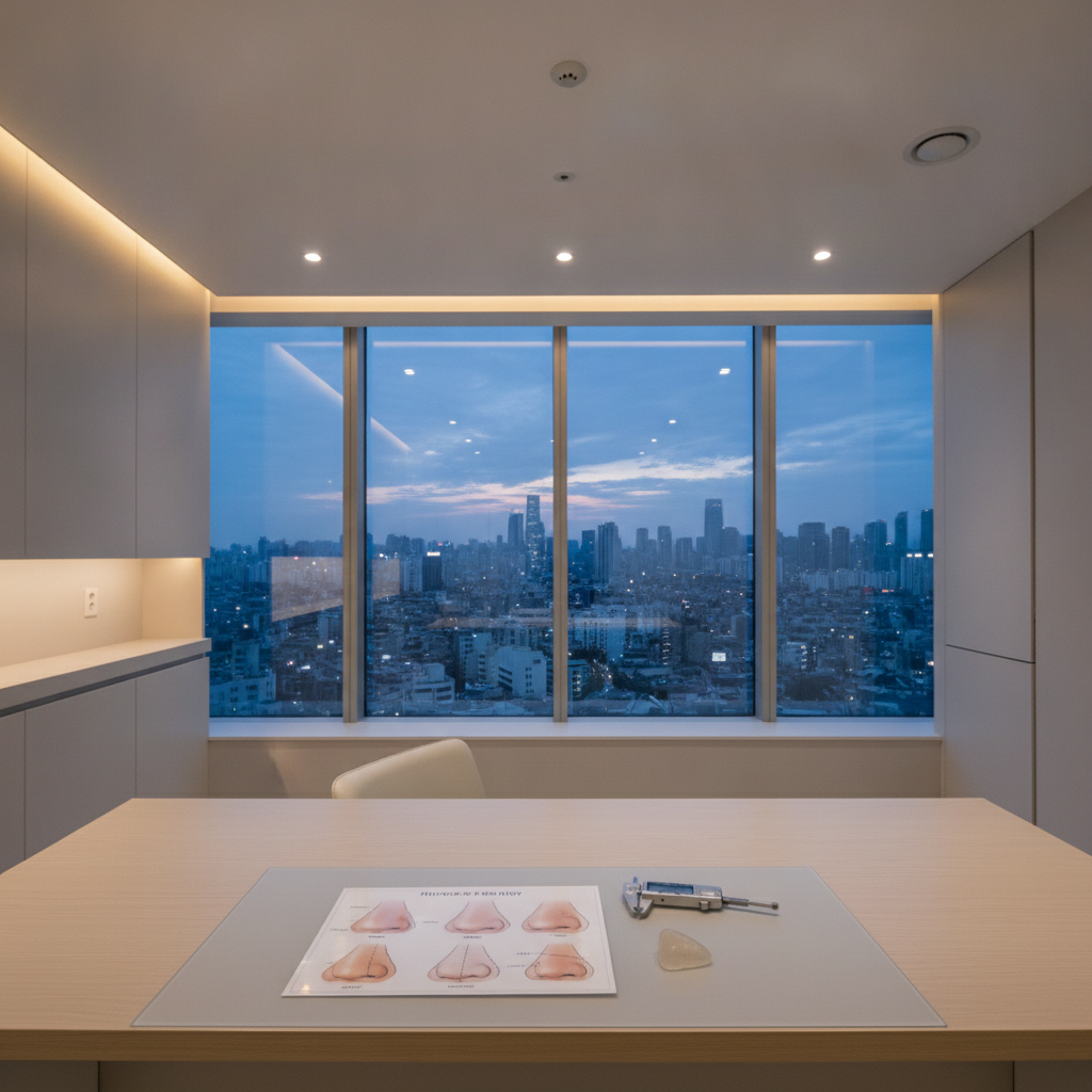Seoul rhinoplasty consultation desk with nose profile diagram and silicone implant sample under warm ambient lighting