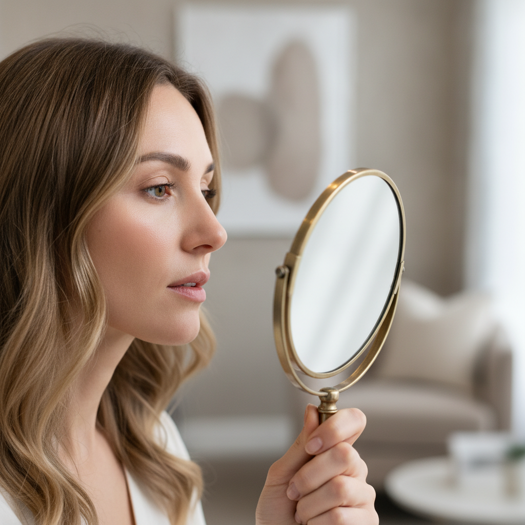Woman checking her jawline in a small mirror at a Seoul aesthetic clinic