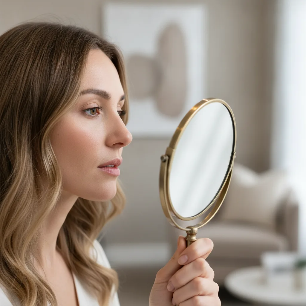 Woman checking her jawline in a small mirror at a Seoul aesthetic clinic