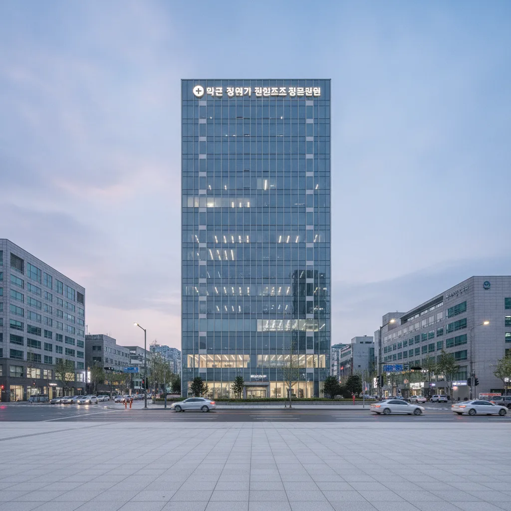 Modern plastic surgery clinic tower in Gangnam Seoul at dusk