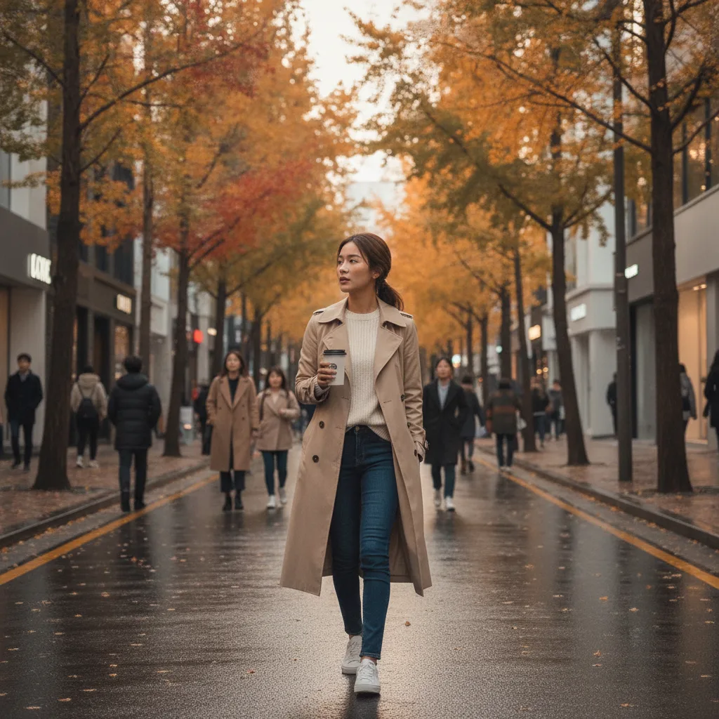 Thai woman walking a Gangnam Seoul street after rhinoplasty wearing discreet nose tape