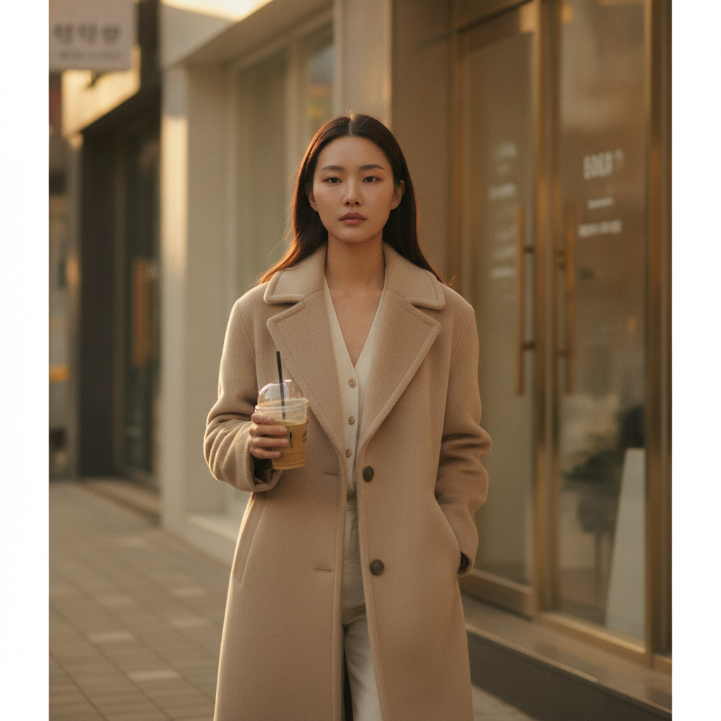 Woman walking a Cheongdam side street in Seoul after a medical facial holding an iced coffee