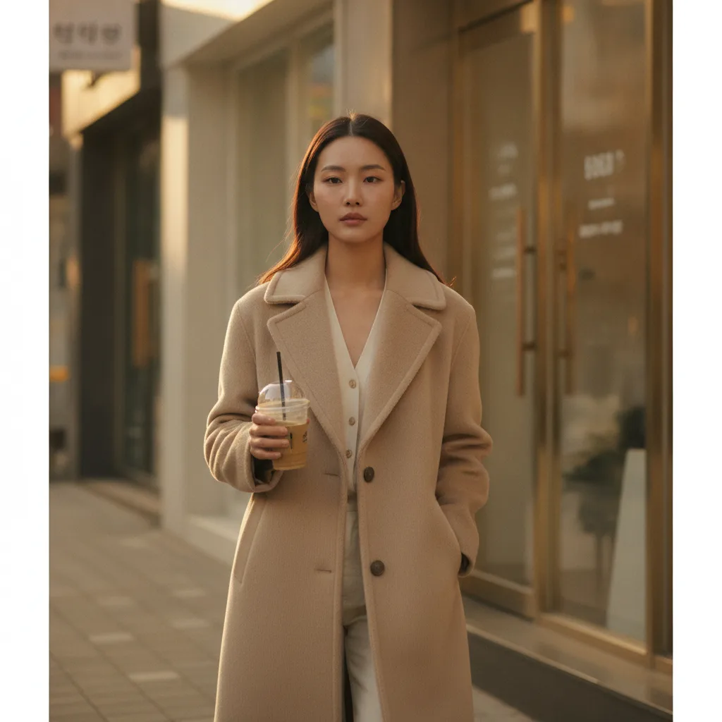 Woman walking a Cheongdam side street in Seoul after a medical facial holding an iced coffee