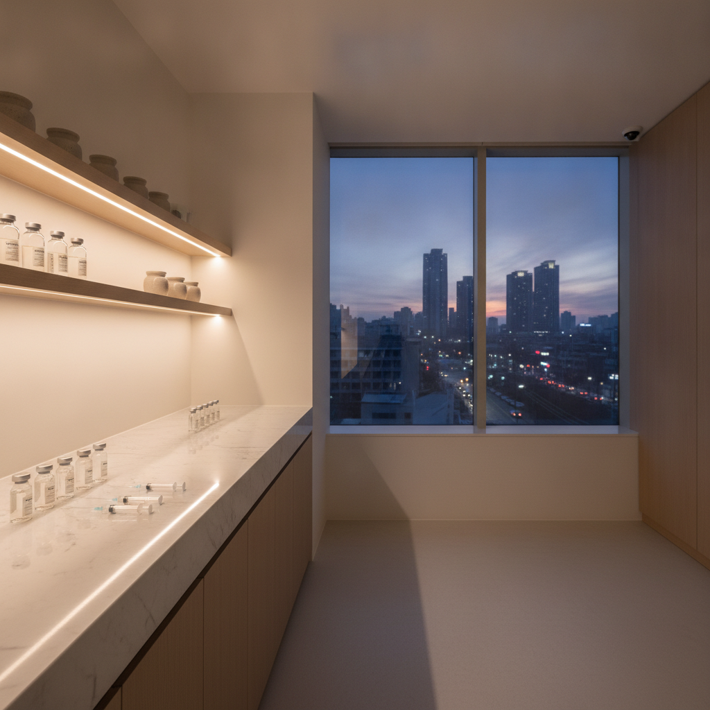 Skin booster serums and syringes arranged on a marble counter in a Gangnam Seoul clinic at dusk.