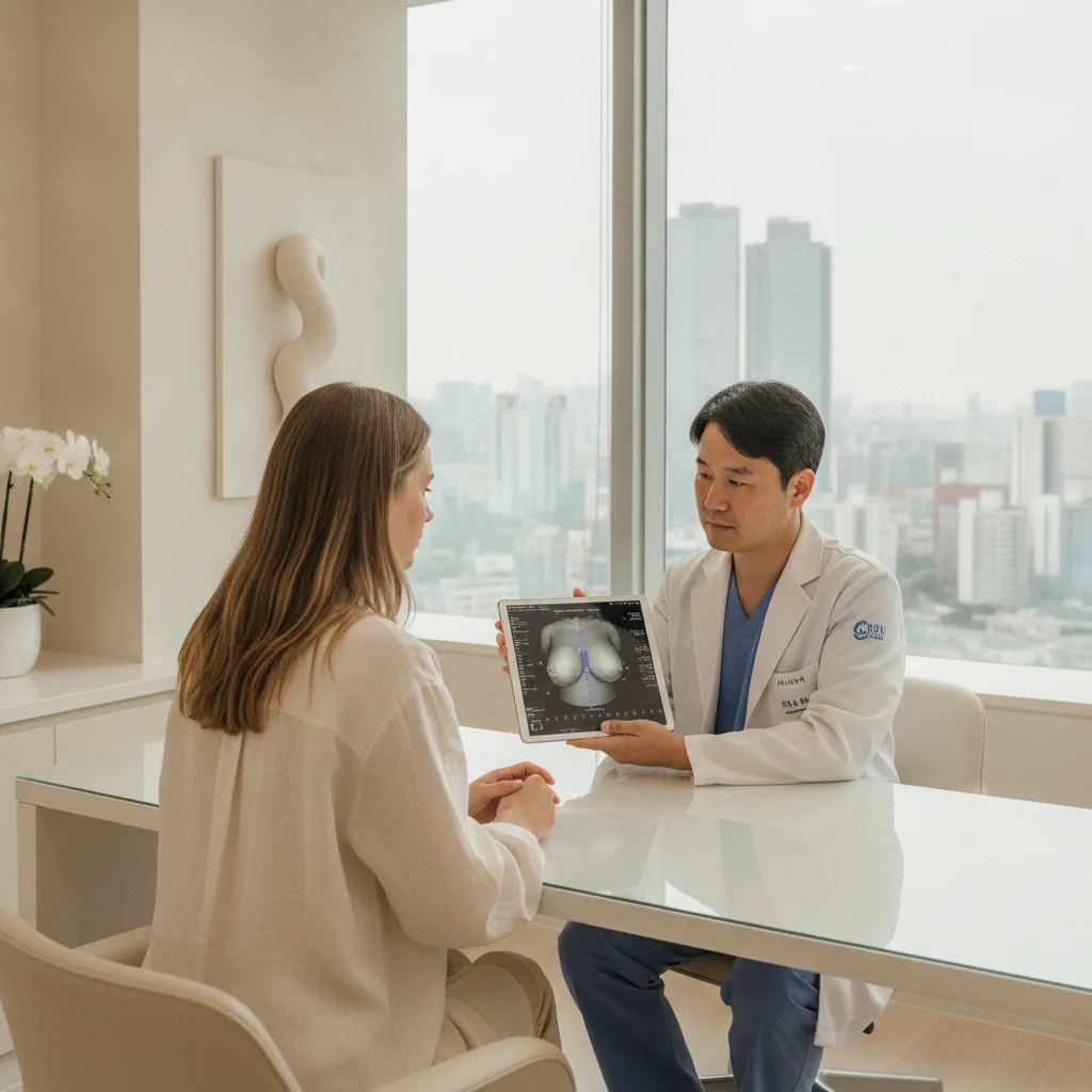 Consultation for breast augmentation at a Gangnam plastic surgery clinic in Seoul, patient reviewing 3D imaging with surgeon