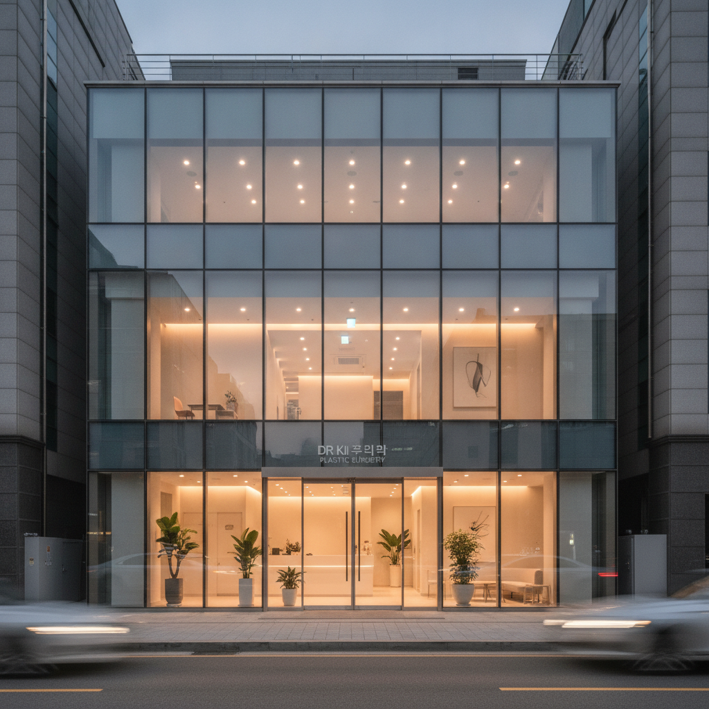 Modern plastic surgery clinic exterior in Apgujeong Seoul at dusk