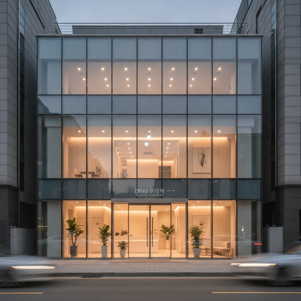Modern plastic surgery clinic exterior in Apgujeong Seoul at dusk