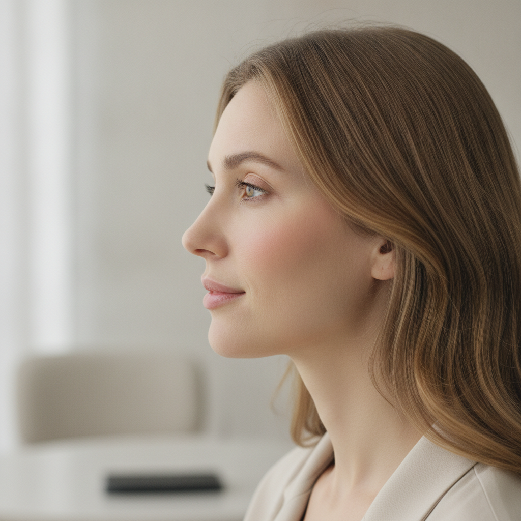 Profile portrait of a Caucasian woman in her early thirties showing cheekbone structure, three-quarter view.