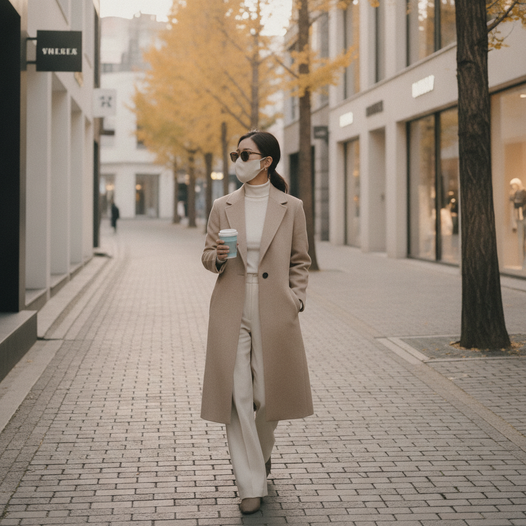 Southeast-Asian woman in her late twenties walking a quiet Apgujeong side-street on week five post-op, holding a coffee