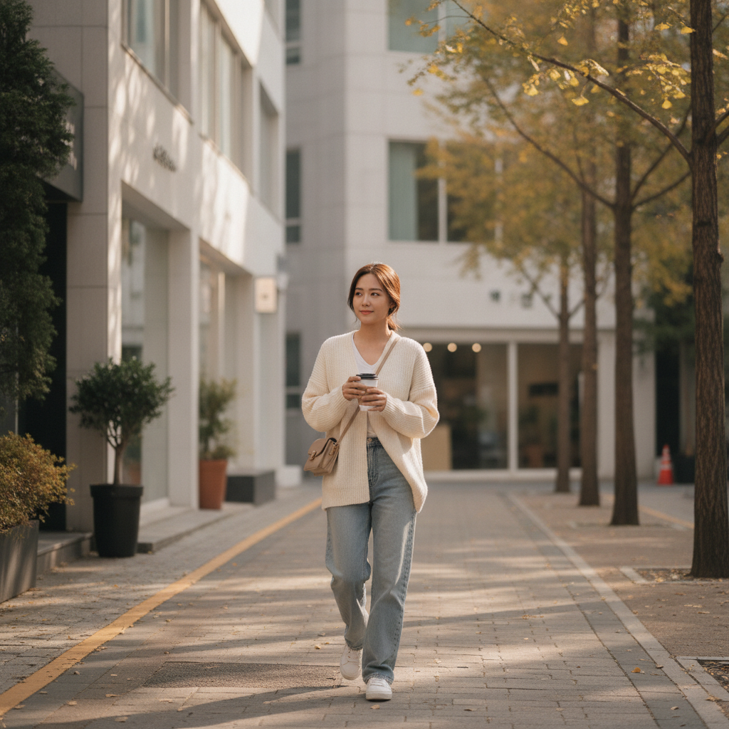 International patient walking a quiet Apgujeong street in Seoul during her final week of breast augmentation recovery