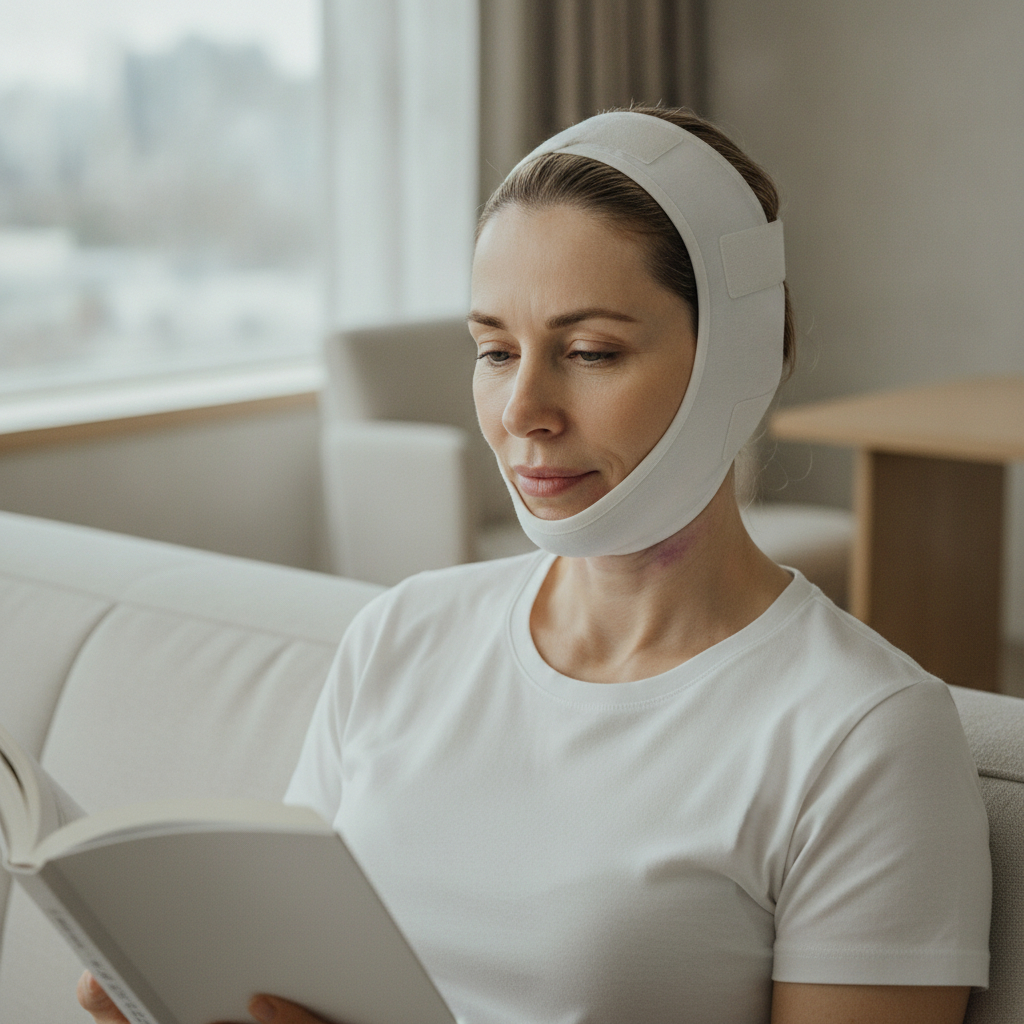 Woman in her late forties in soft facial compression garment reading a book in a Seoul serviced apartment on facelift recovery day 5