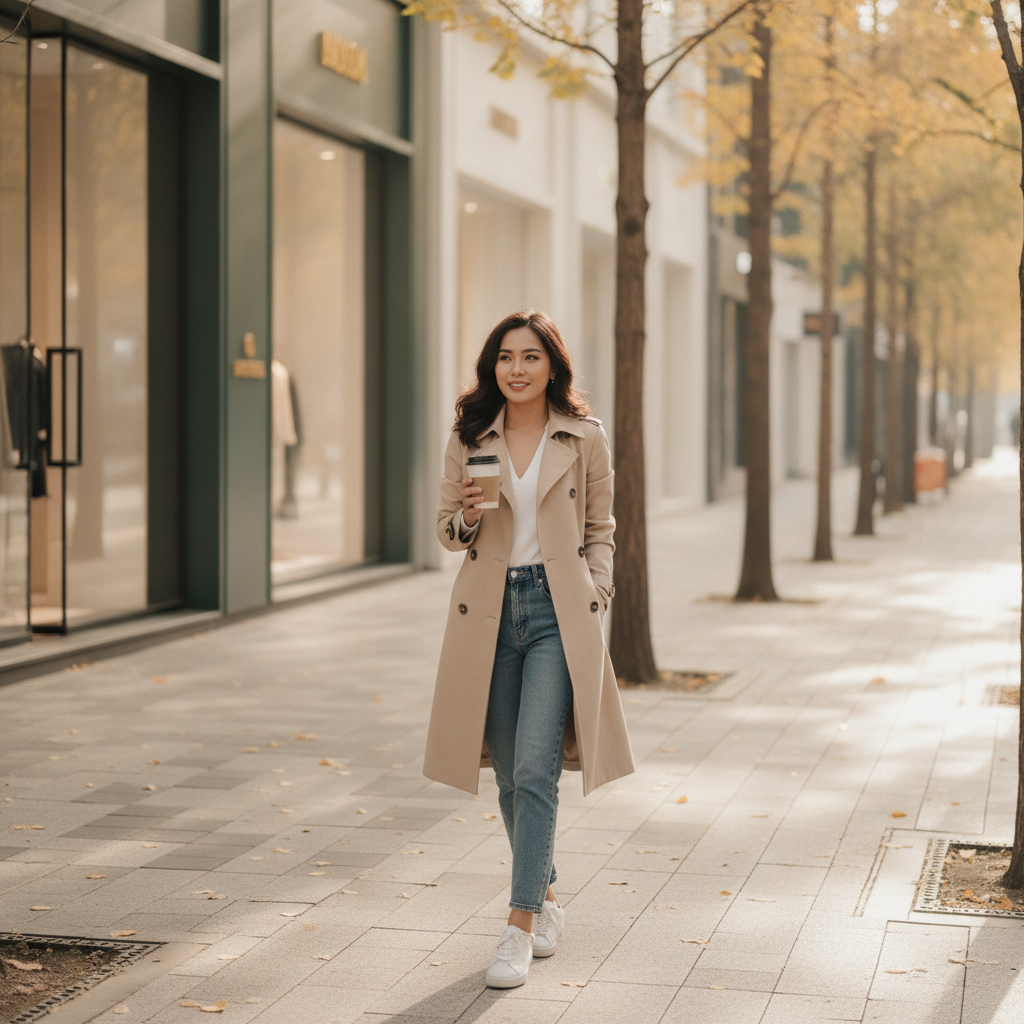 Woman walking on an Apgujeong Rodeo street in Seoul during late afternoon light