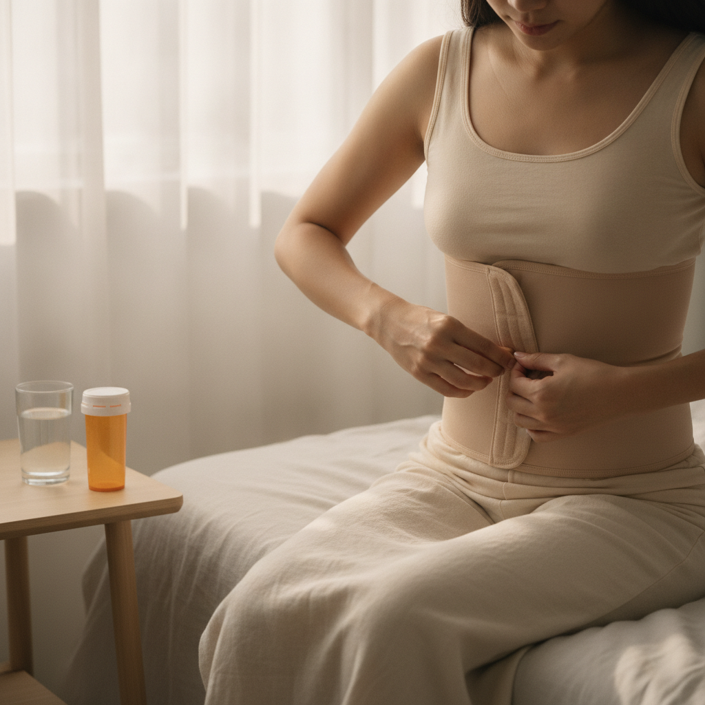 Patient adjusting a nude compression garment at home during the first week after Seoul liposuction