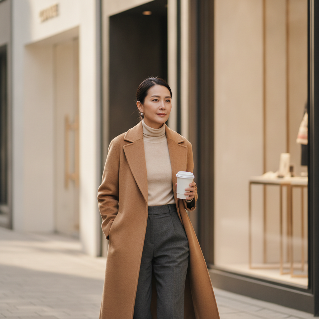 Woman in her late forties walking a quiet Cheongdam-dong street in Seoul in daylight holding a takeaway coffee post-treatment.
