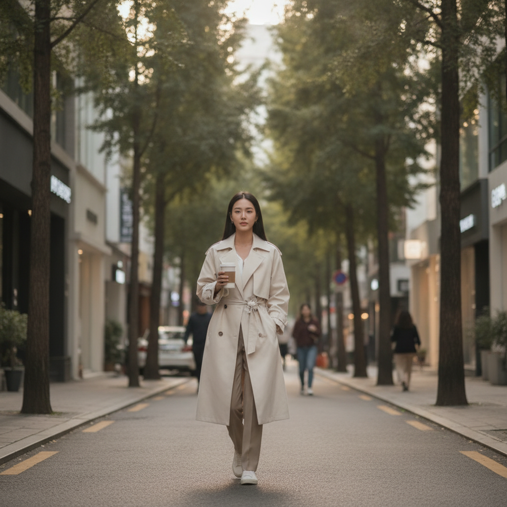 Thai woman in a trench coat walking down a boutique Apgujeong Rodeo street holding a takeaway coffee in late afternoon light.