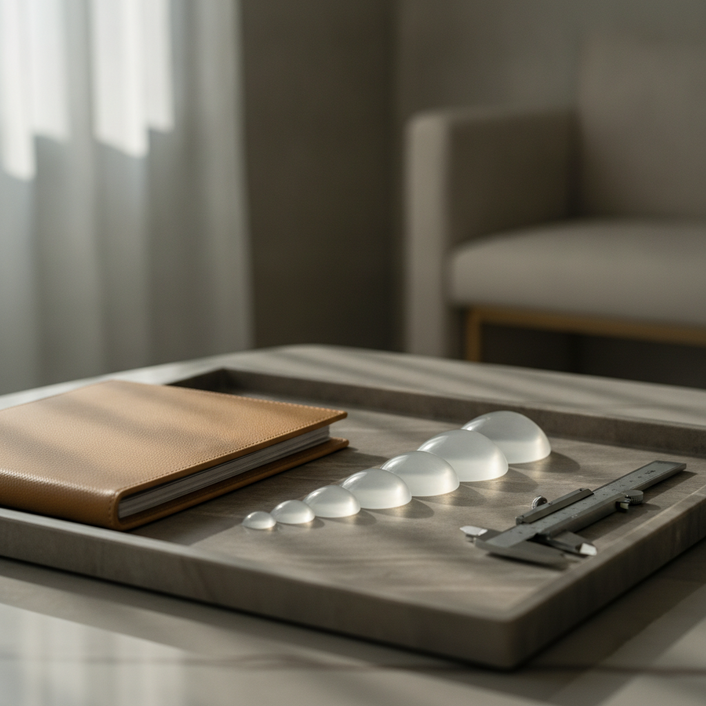 Silicone breast implant sizers on a marble tray in a Seoul consultation room
