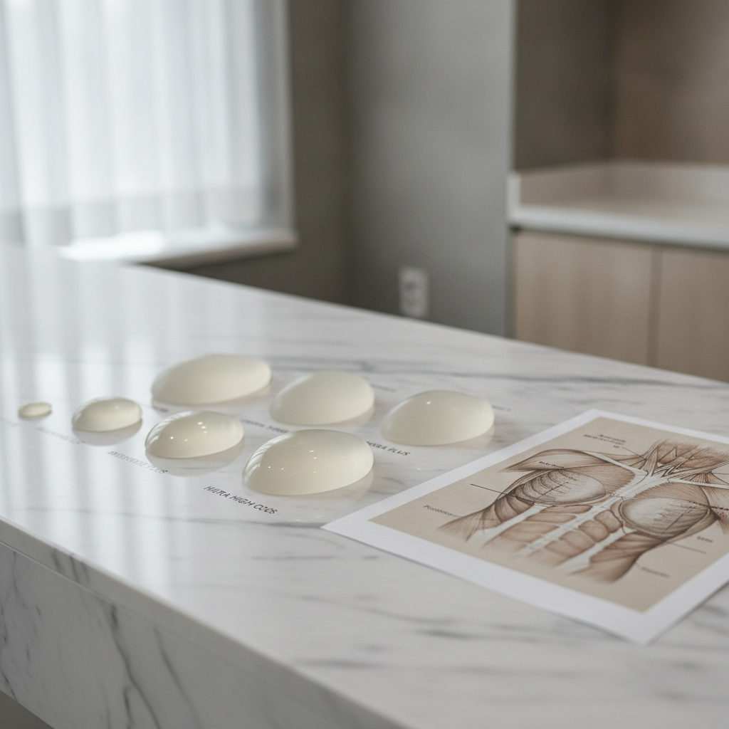 Silicone breast implant samples of varying profiles displayed on a white marble consultation counter beside an anatomical chest diagram.