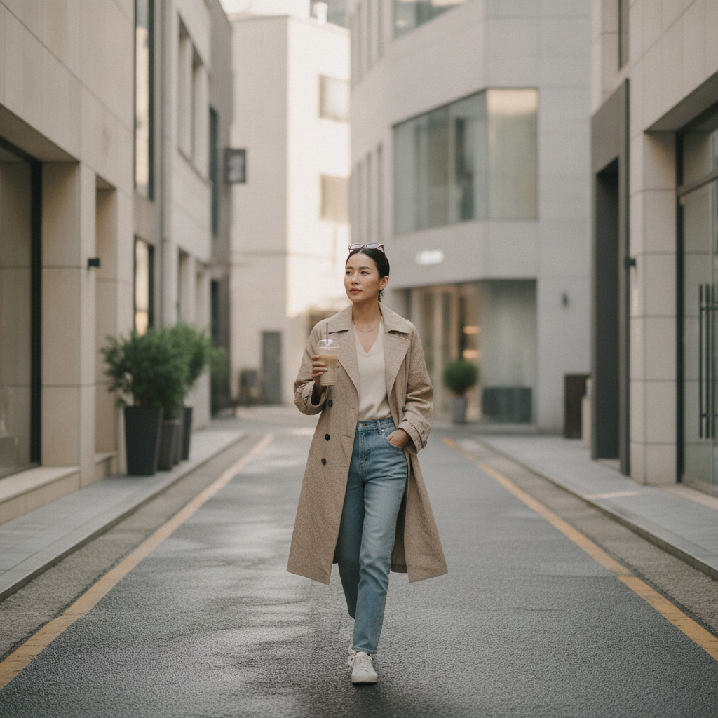 A woman walking a Cheongdam side street in Seoul with a coffee, morning light