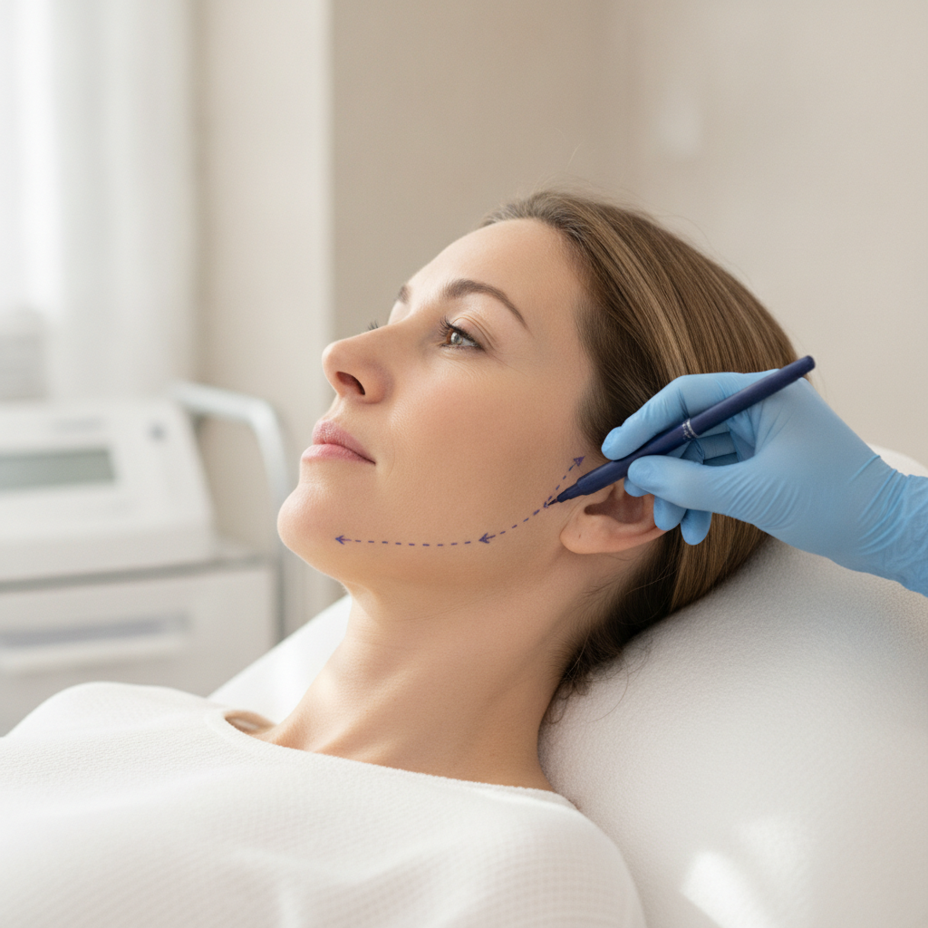 Practitioner marking pre-treatment guidance lines along a patient's jawline in a Seoul aesthetic clinic