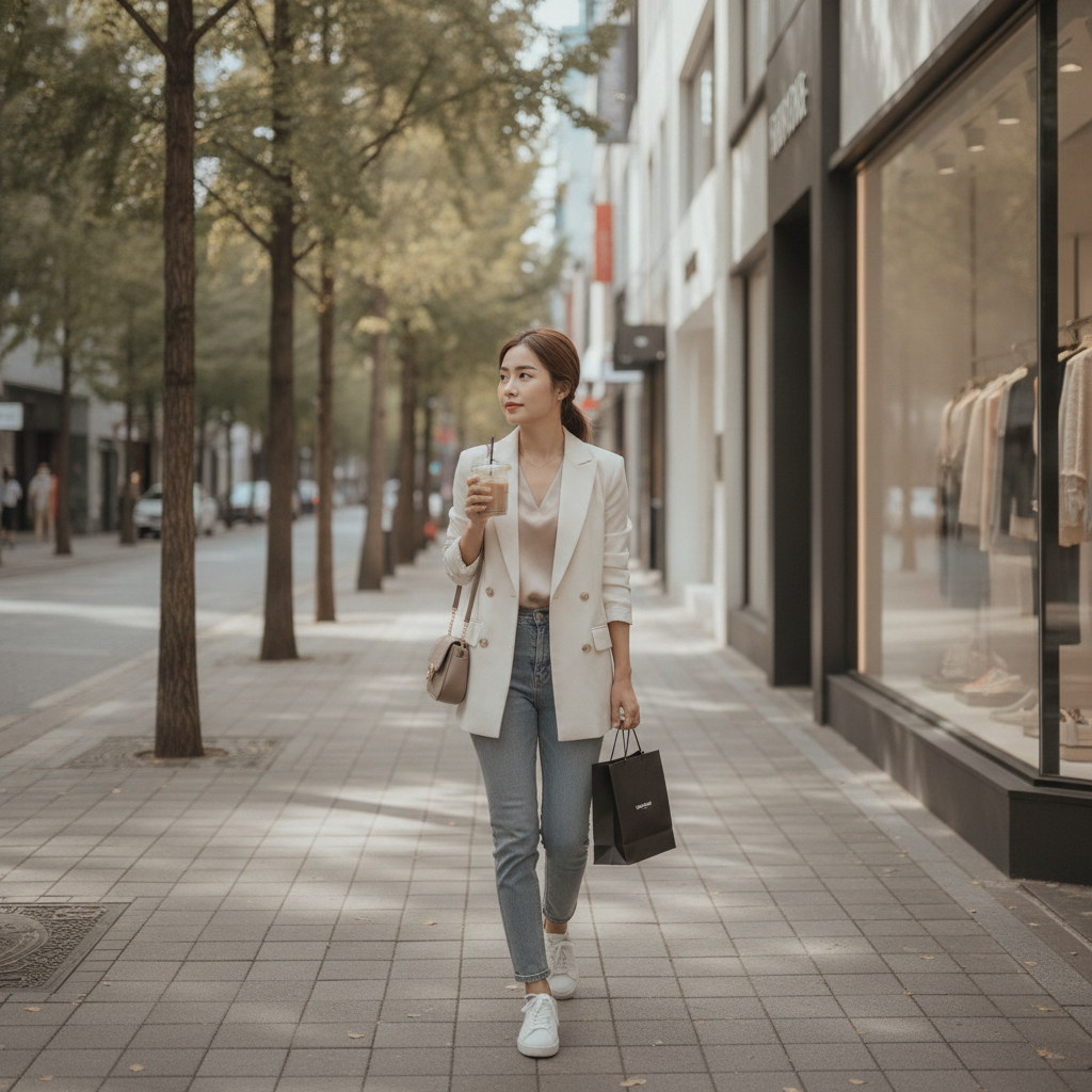A patient walking a quiet Cheongdam street after a Seoul plastic surgery consultation