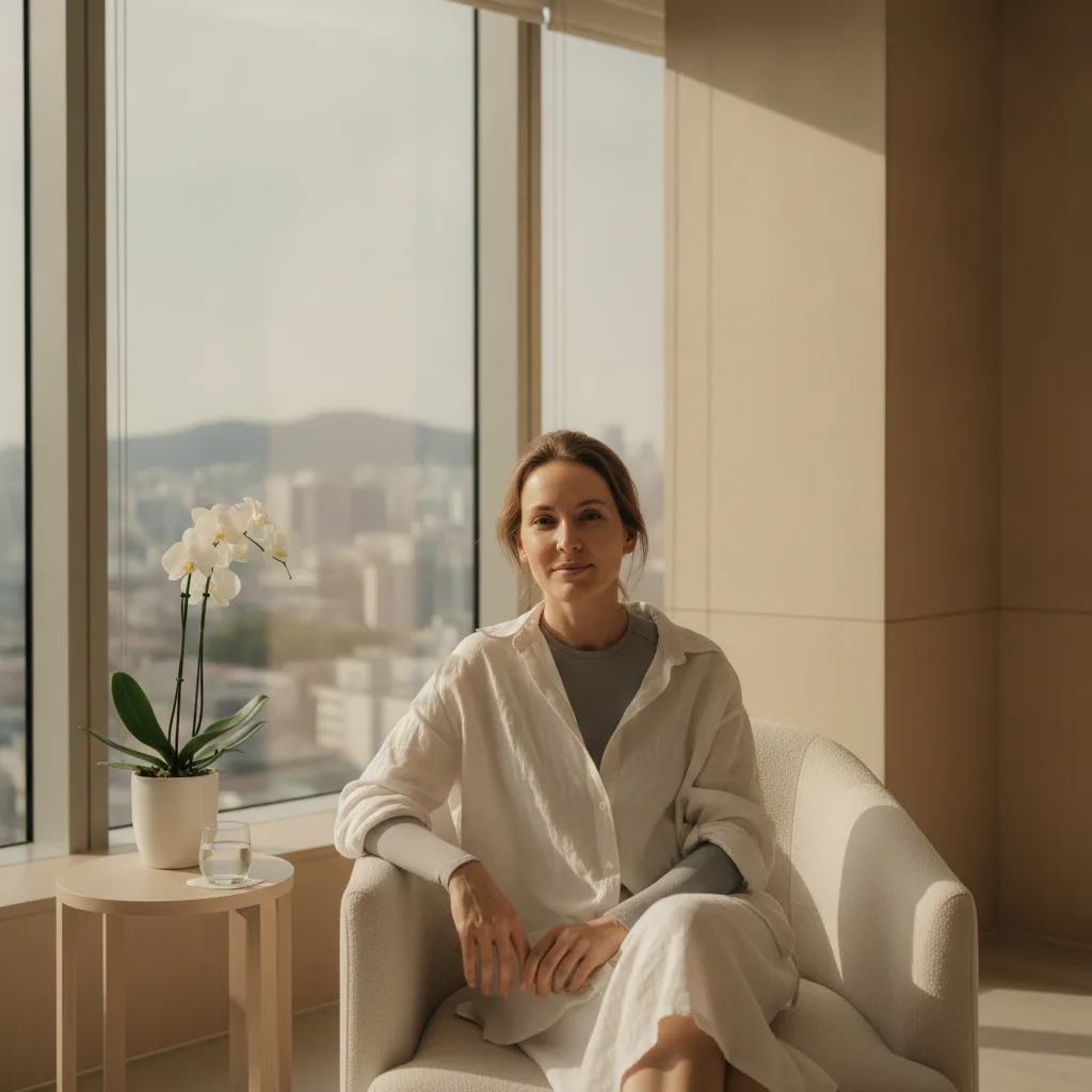 Woman in a compression garment resting in a Gangnam recovery suite after liposuction in Seoul