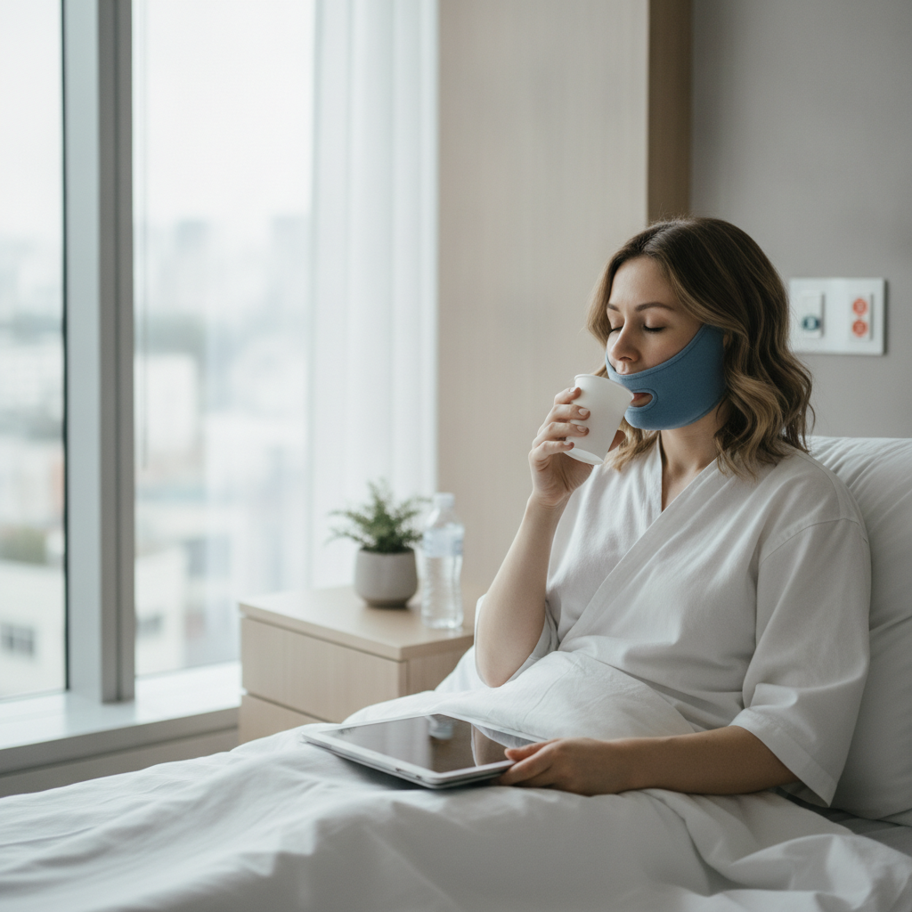 Caucasian woman in her early thirties sitting up in a minimalist recovery suite with a soft ice-compression wrap around her lower face