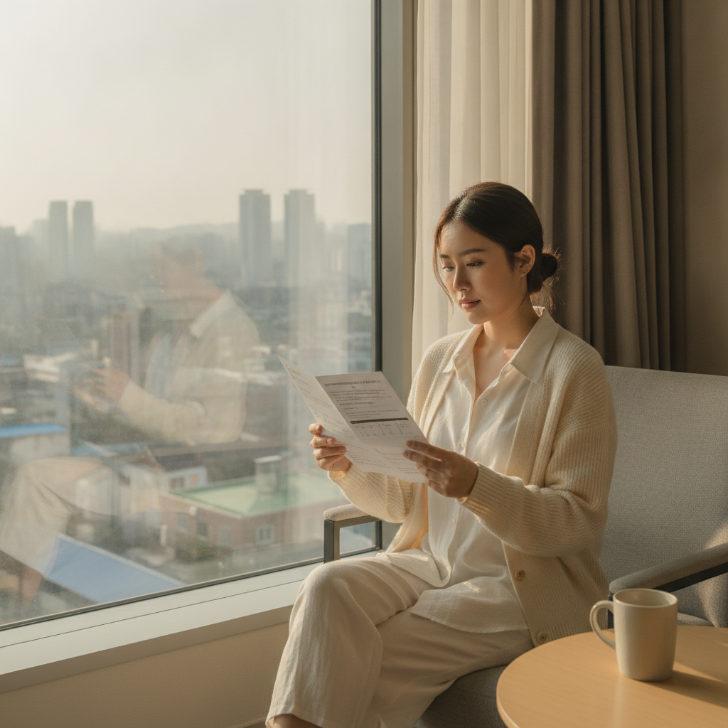 Patient reviewing post-op care instructions in a Seoul hotel room after breast augmentation