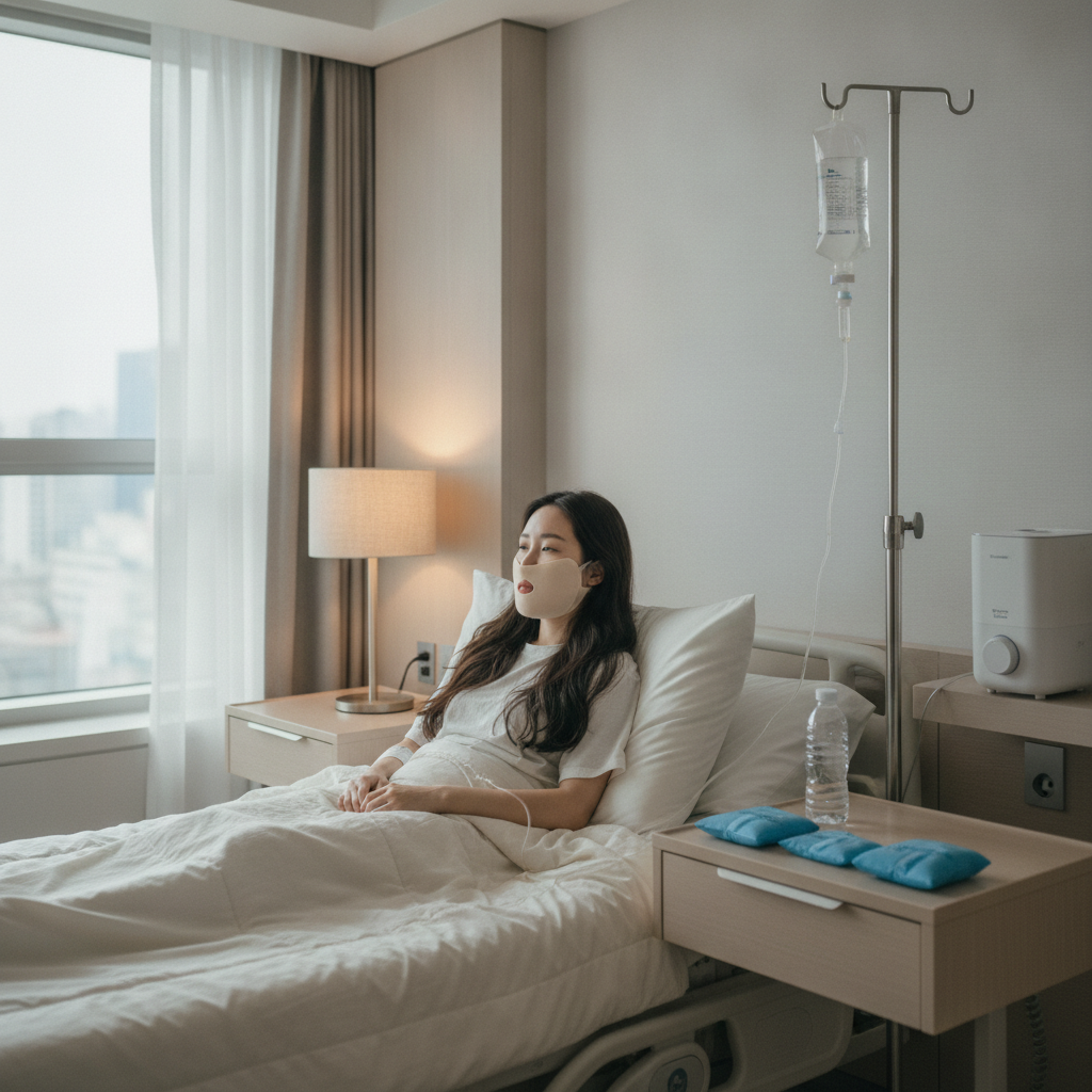 Post-surgical two-jaw patient recovering in a Seoul private hospital room with compression band and ice packs