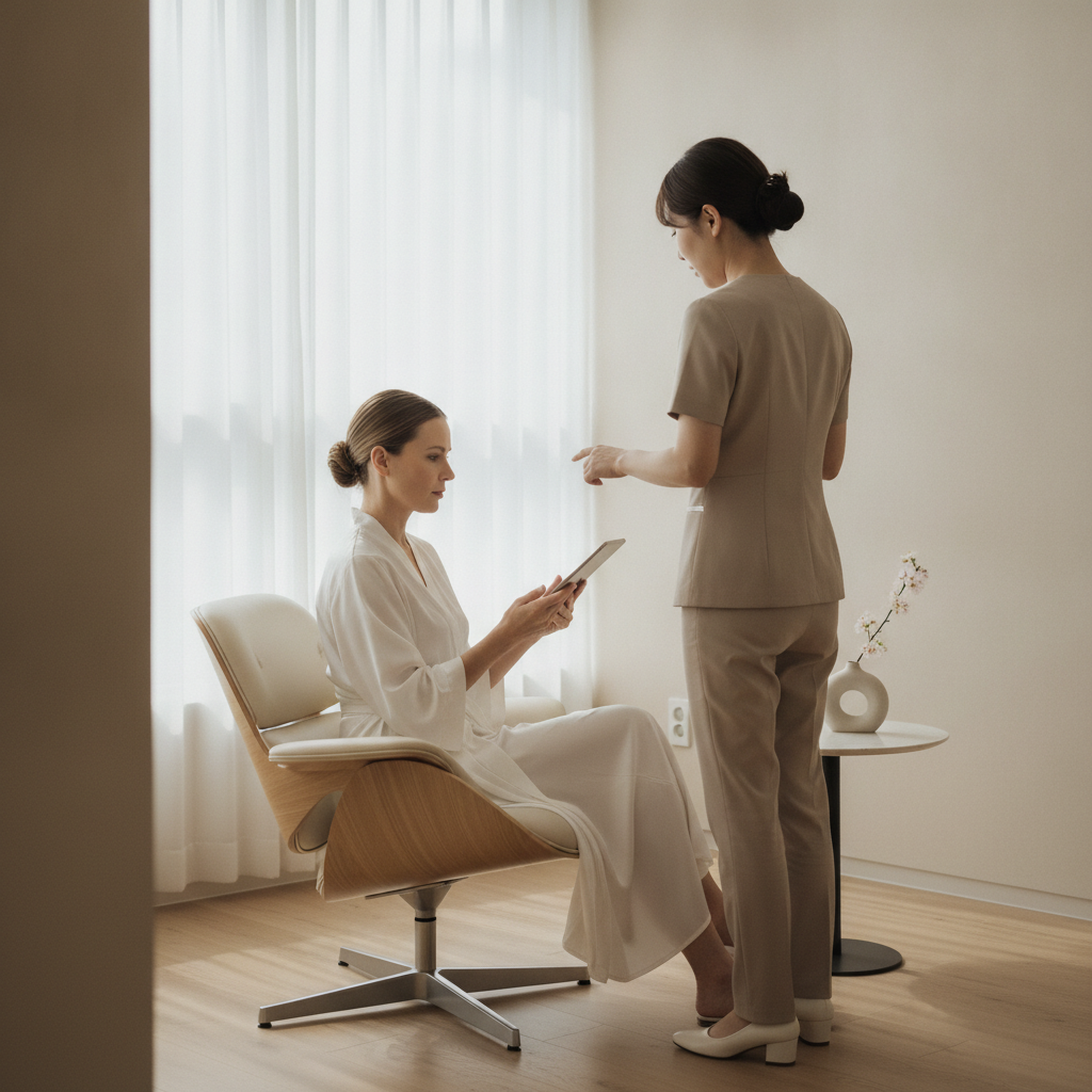 Consultation room in a Gangnam aesthetic clinic with patient reviewing a tablet